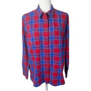 Duluth Women's Free Swingin' Flannel Shirt L Red & Blue Long Sleeve 100% Cotton